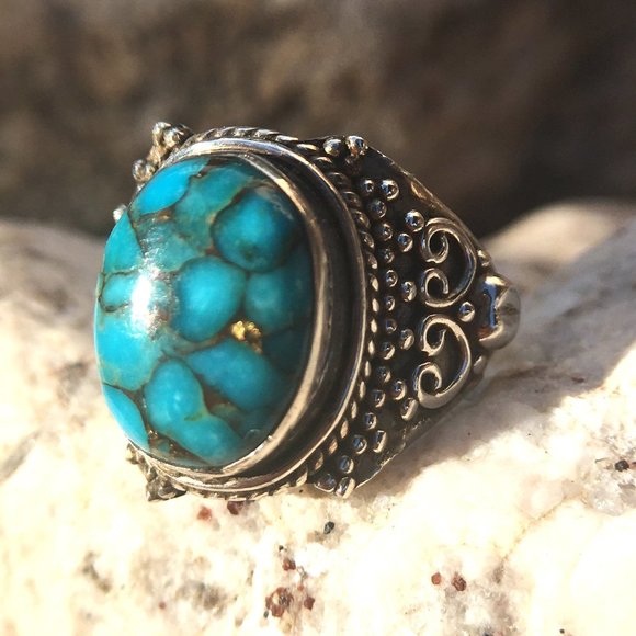 Blue Copper Turquoise .925 Ring Ornate Silver - Picture 11 of 16